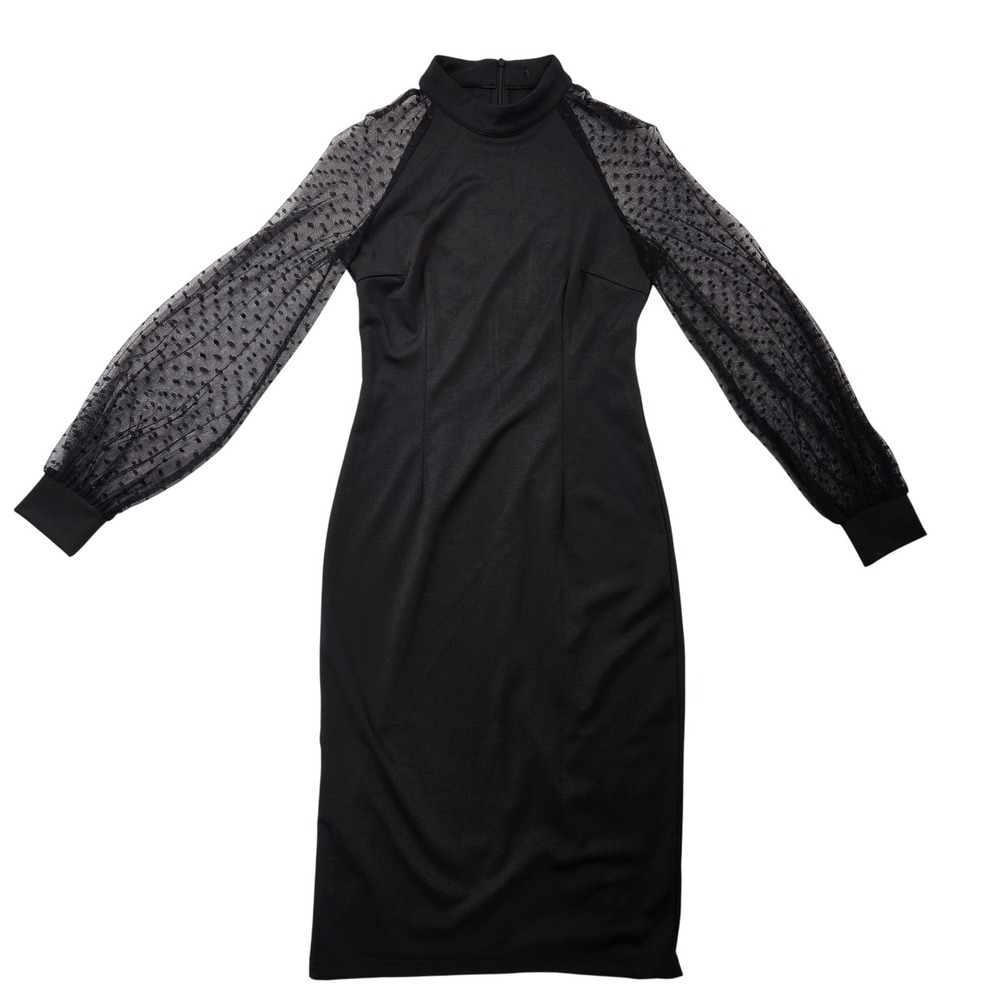 Black Lace Sheer Long Sleeve Midi Pencil Dress Women Halter Neck Small Witchy